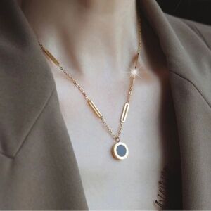 Gold Plated Stainless Steel Round Double Sided Pendant Necklace